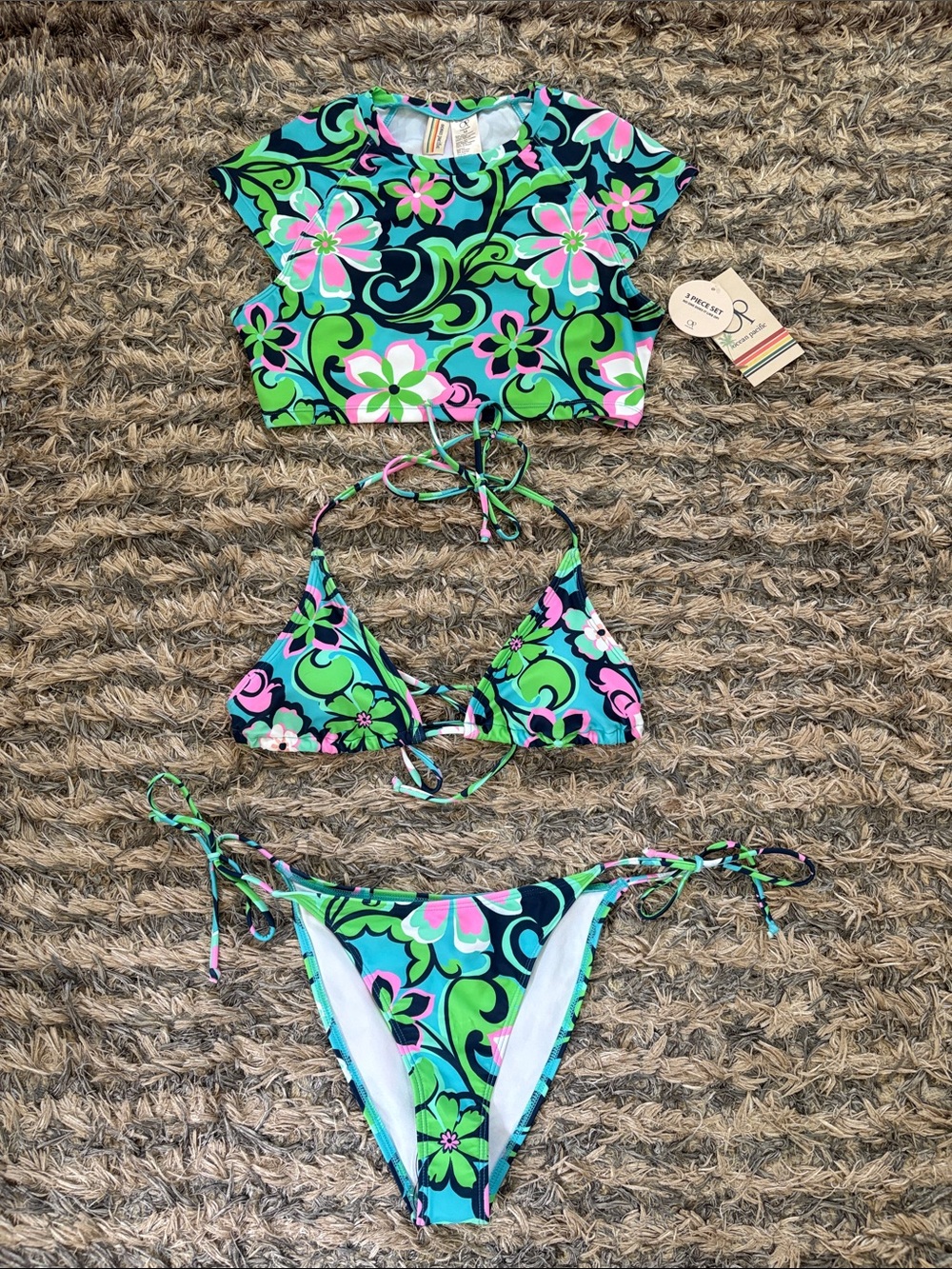 NWT Ocean Pacific 3-Piece Lux Retro Floral Swim Set Size M